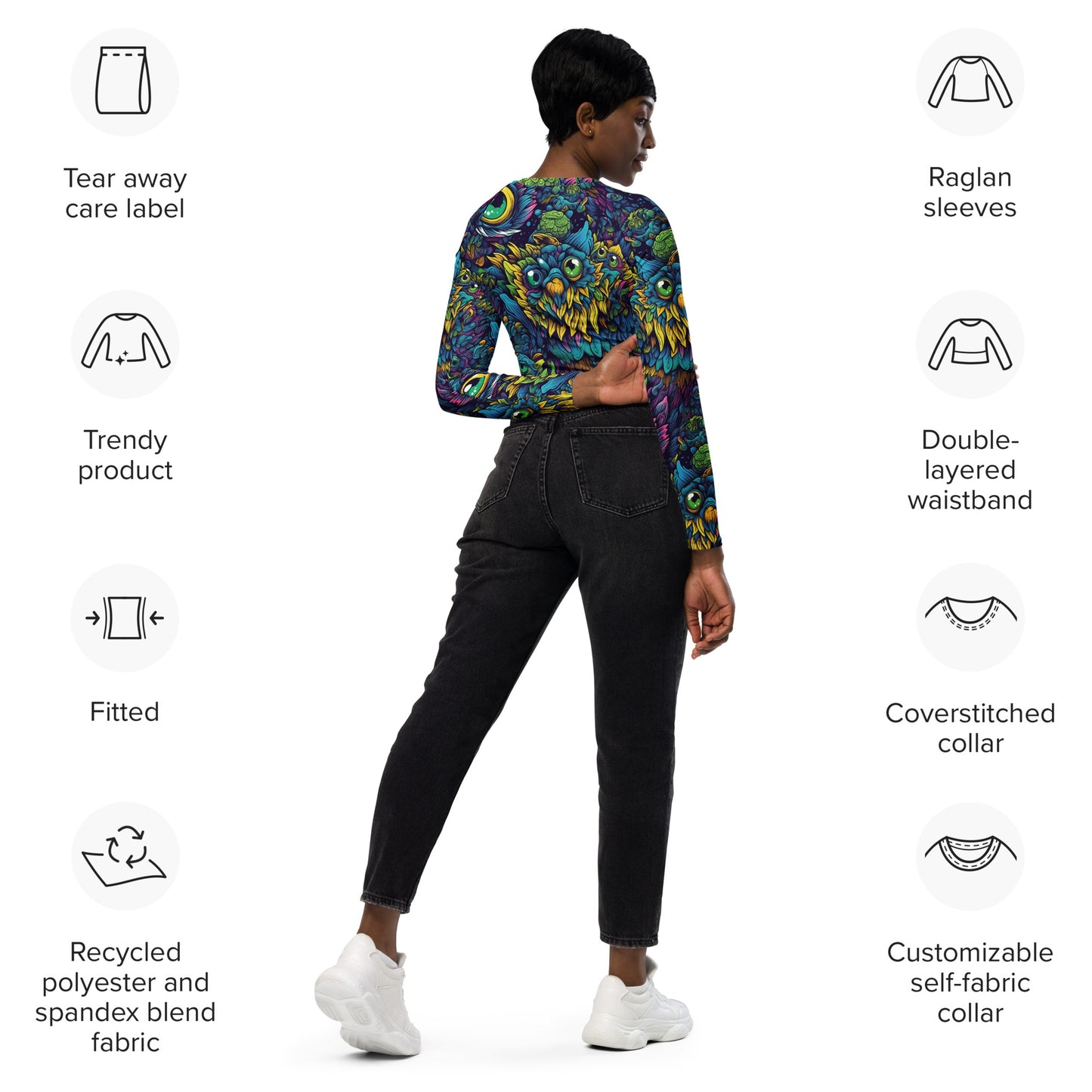 Trippy Owl Recycled long-sleeve crop top