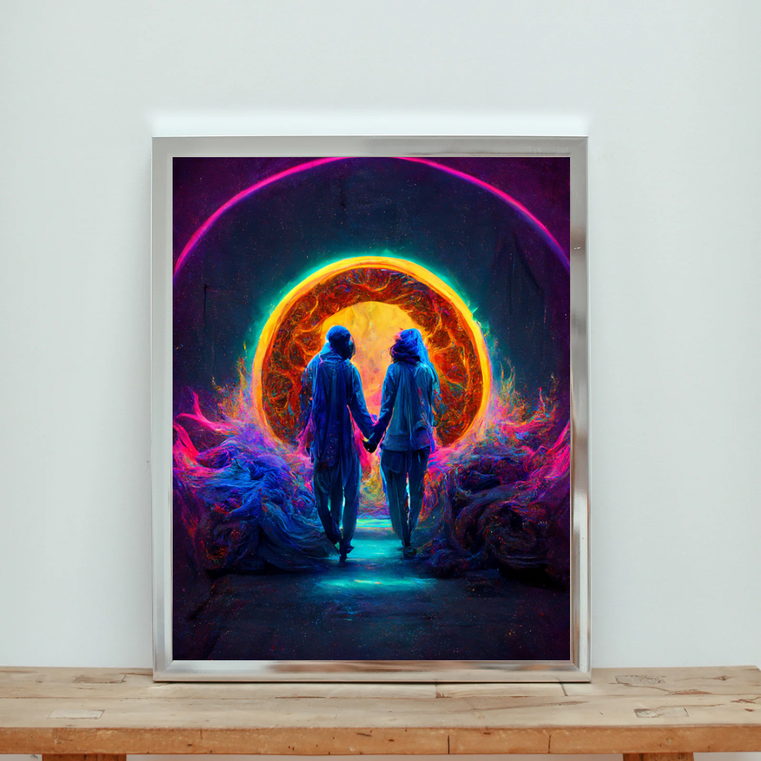 Two lovers enter a portal 1.0 Metal print
