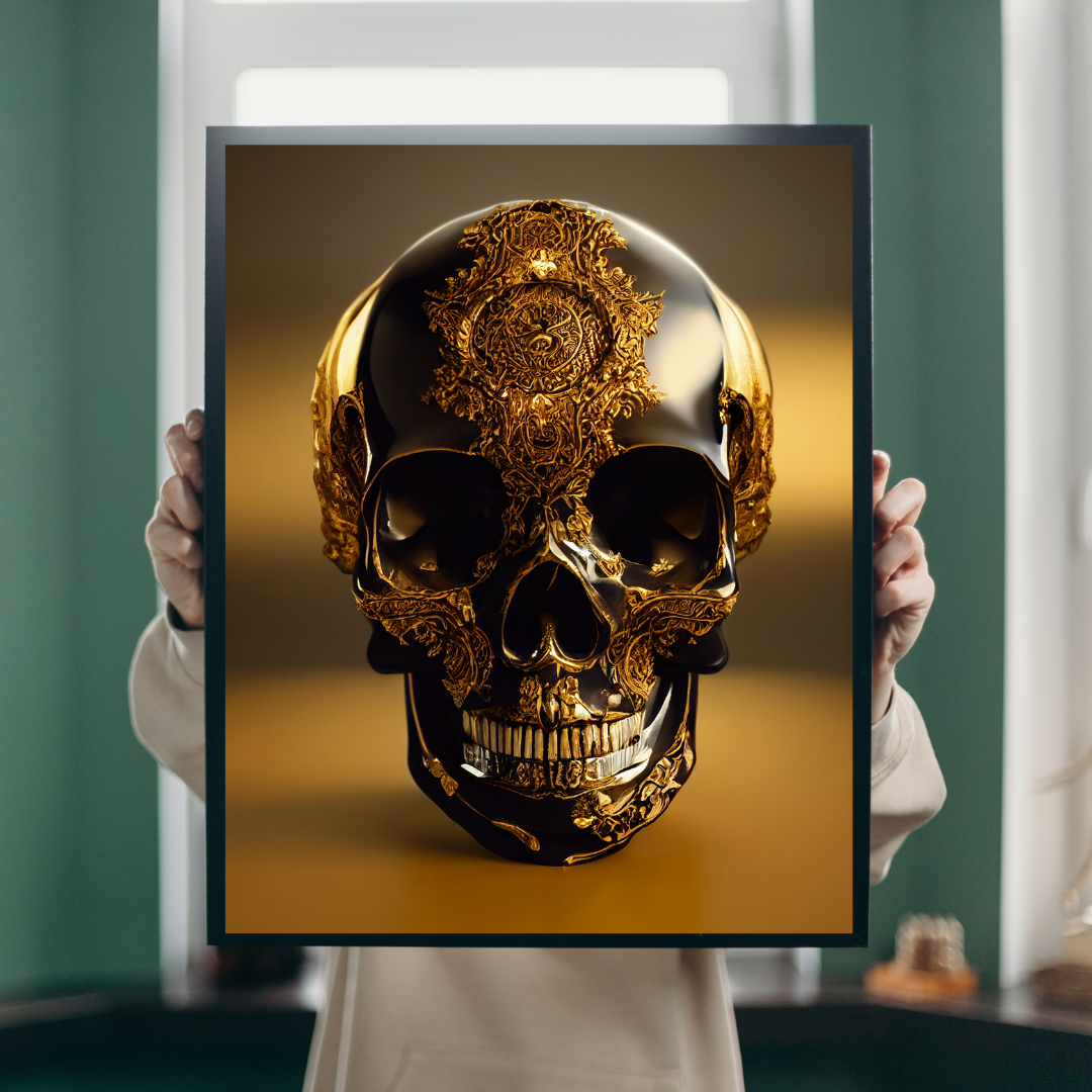 Obsidian Skull Gilded in Gold 1.0 Metal Print Wall Art