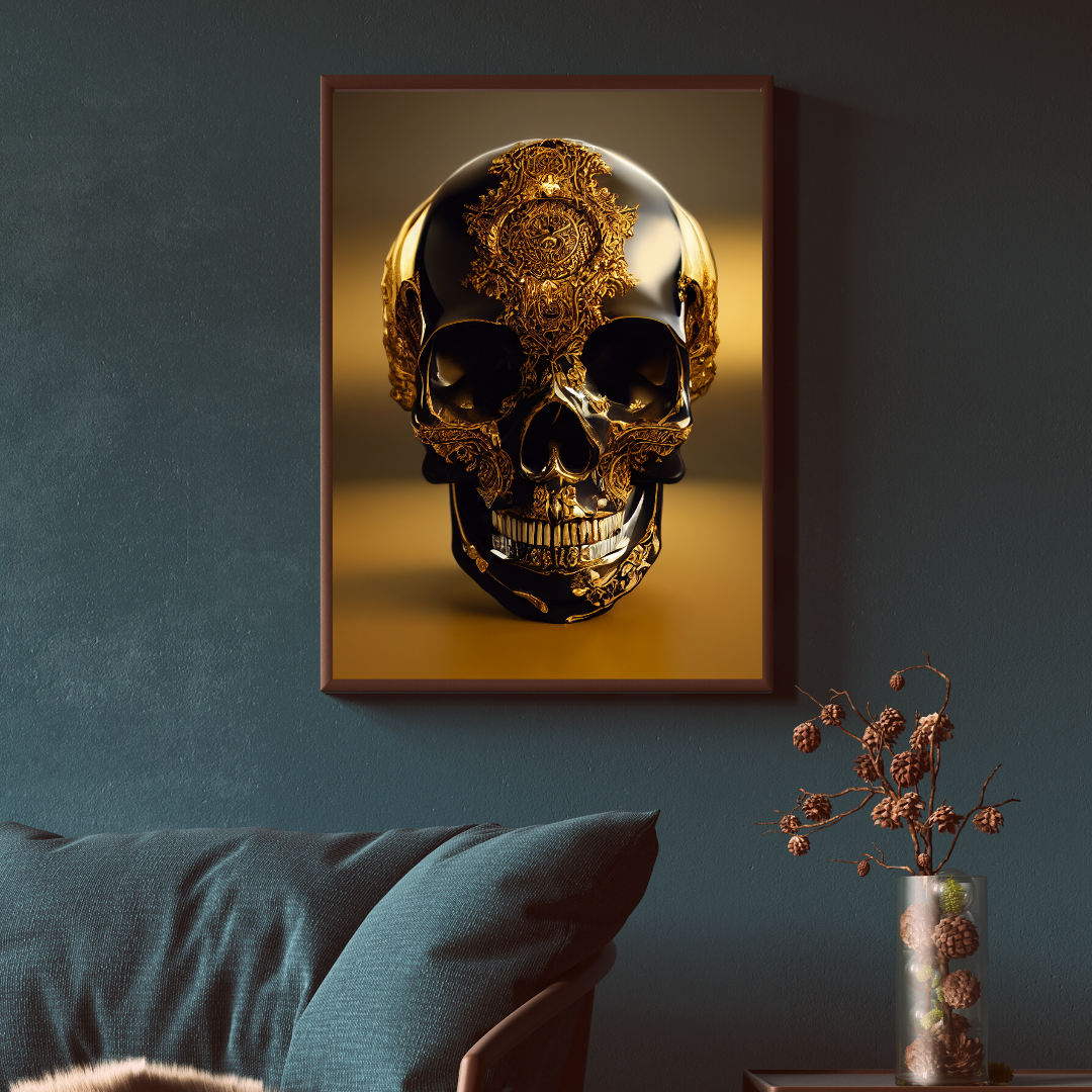Obsidian Skull Gilded in Gold 1.0 Metal Print Wall Art