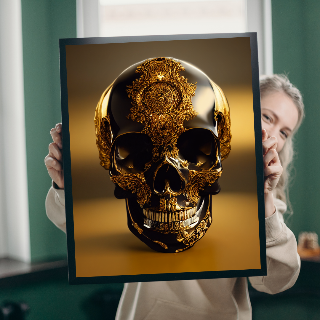 Obsidian Skull Gilded in Gold 1.0 Metal Print Wall Art