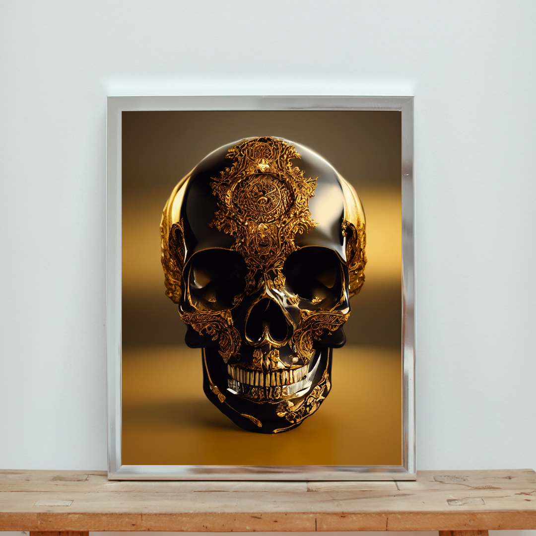 Obsidian Skull Gilded in Gold 1.0 Metal Print Wall Art