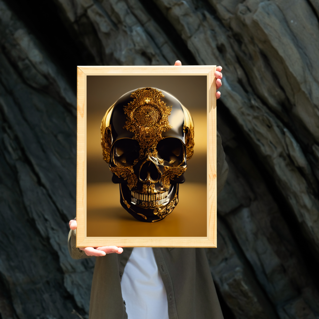 Obsidian Skull Gilded in Gold 1.0 Metal Print Wall Art