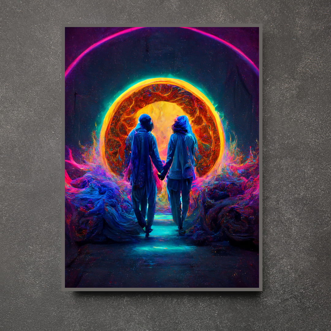 Two lovers enter a portal 1.0 Metal print