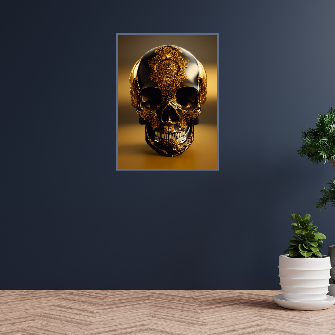 Obsidian Skull Gilded in Gold 1.0 Metal Print Wall Art