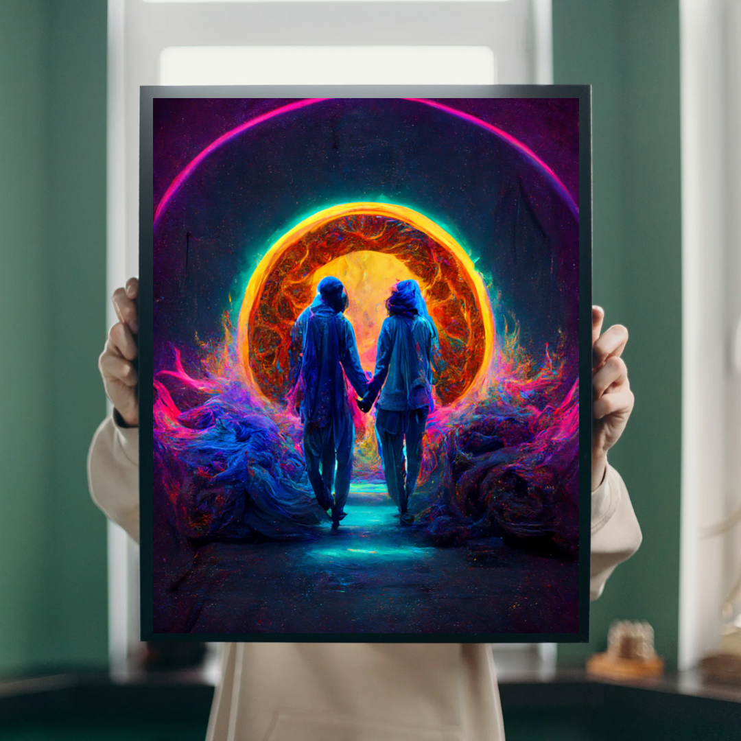 Two lovers enter a portal 1.0 Metal print