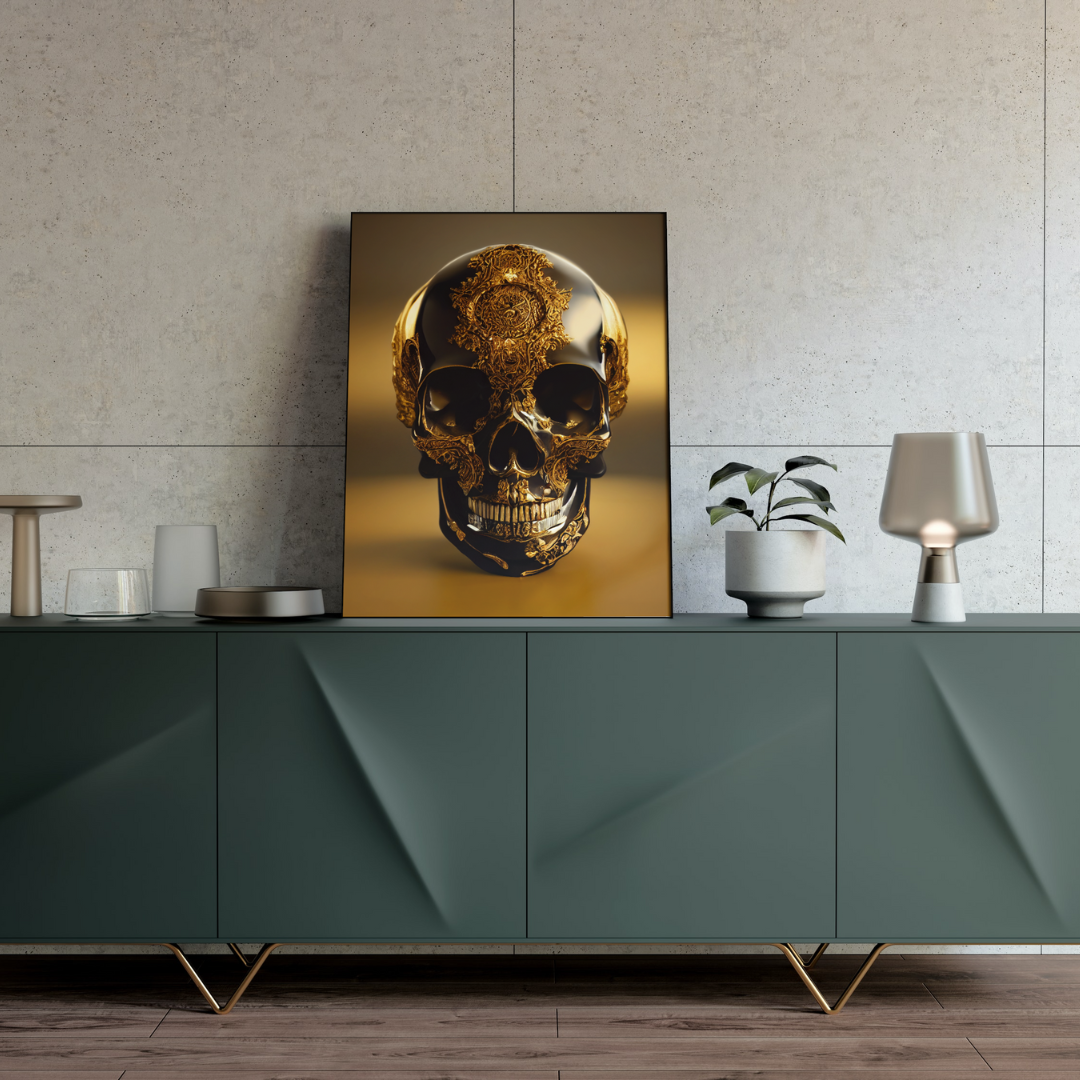 Obsidian Skull Gilded in Gold 1.0 Metal Print Wall Art
