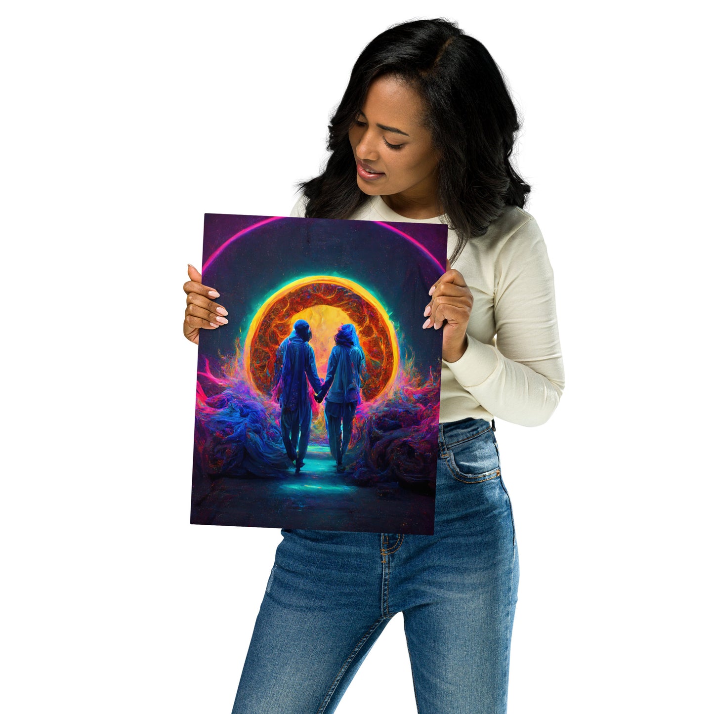 Two lovers enter a portal 1.0 Metal print