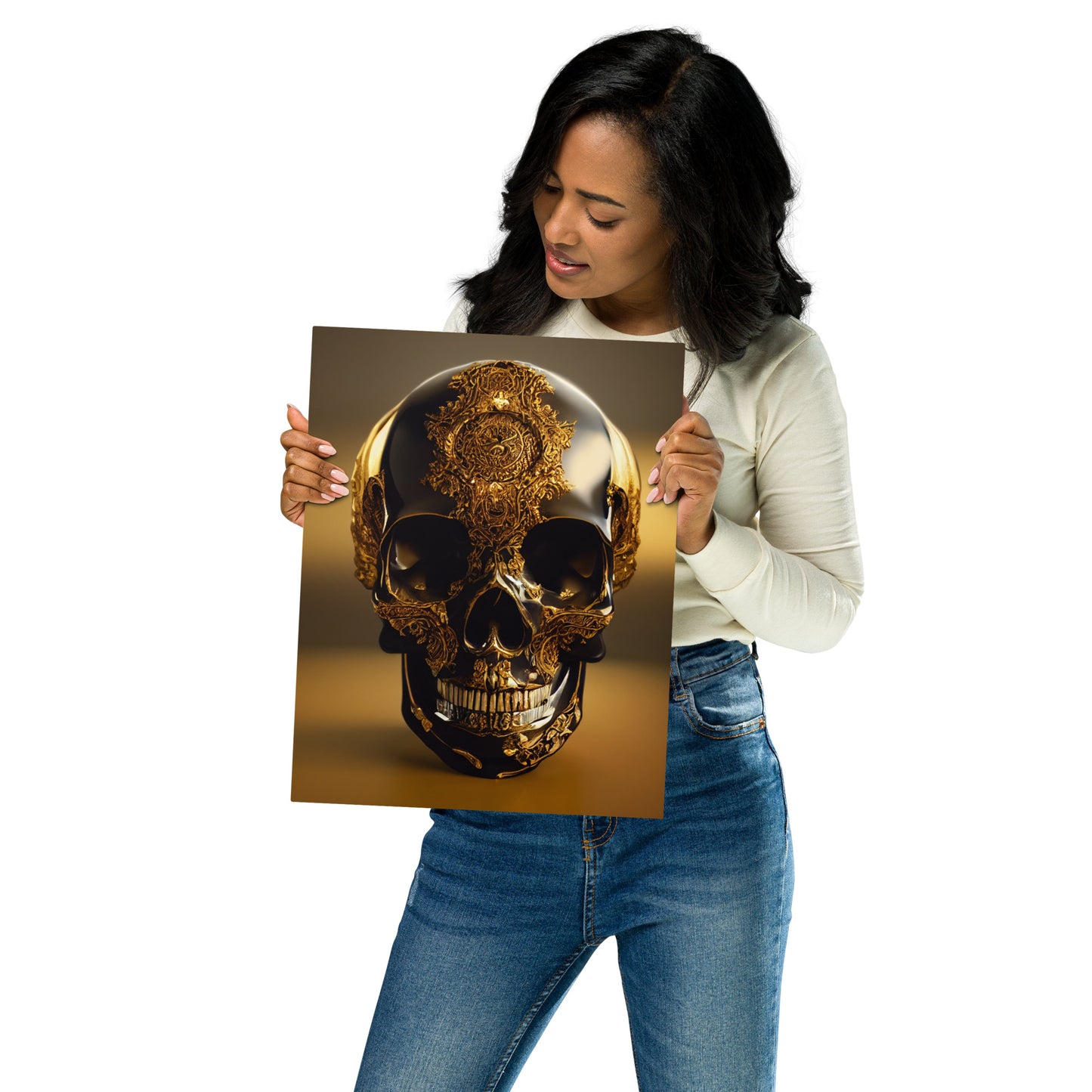 Obsidian Skull Gilded in Gold 1.0 Metal Print Wall Art