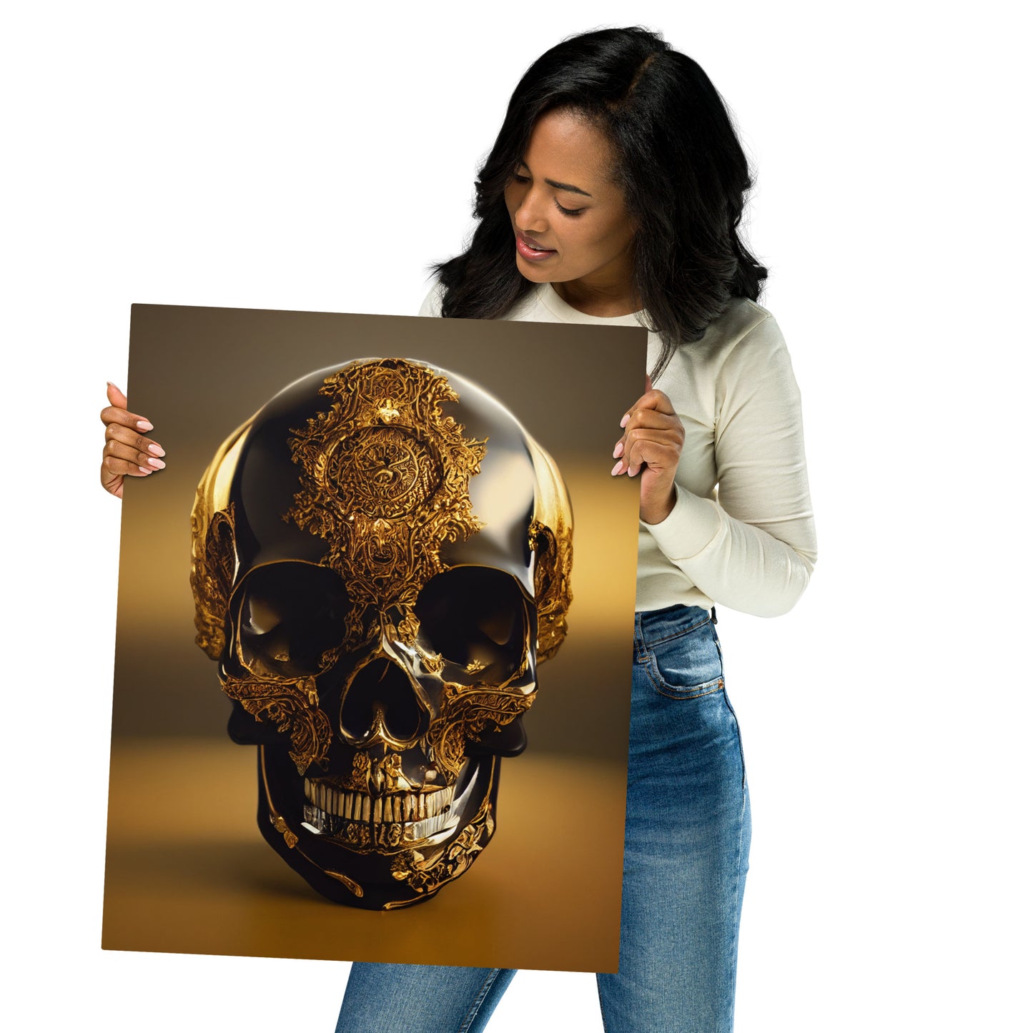 Obsidian Skull Gilded in Gold 1.0 Metal Print Wall Art